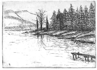 Ricordi d'infanzia gita con i genitori su lago di Ledro - incisione su zinco