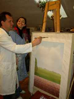 Sergio e la maestra Sonia corso decorazioni 2002-2003 - tempera su legno